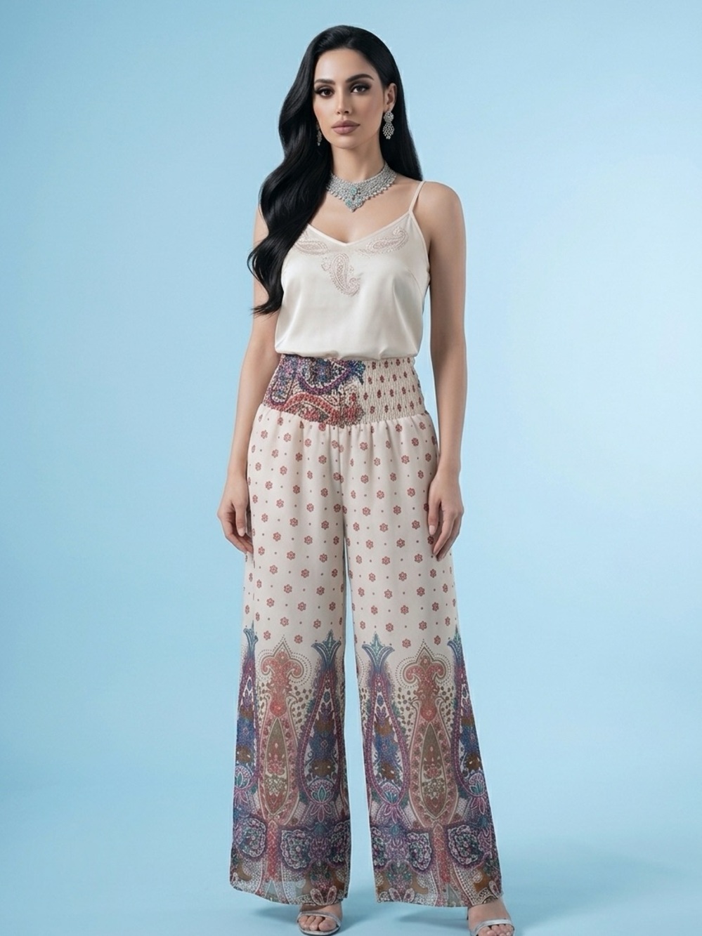Cream Paisley-Border Wide Leg Palazzo Pants